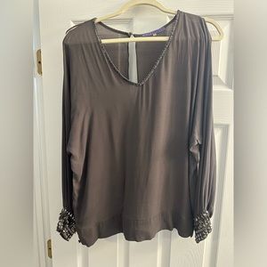 Ladies grey silk blouse by Sugarlips size M. Sheer with metal detail